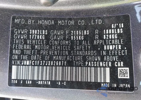 2018 Honda Civic Ex-T из США, поврежденный, VIN JHMFC1F37JX026871